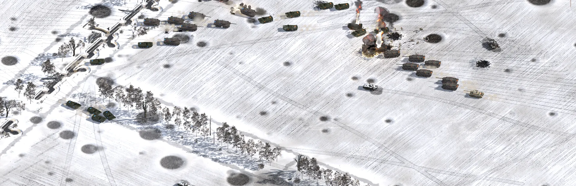 Two columns of armour cross a cratered snowfield towards a line of trenches and trees, with vehicles burning where the shells have landed.