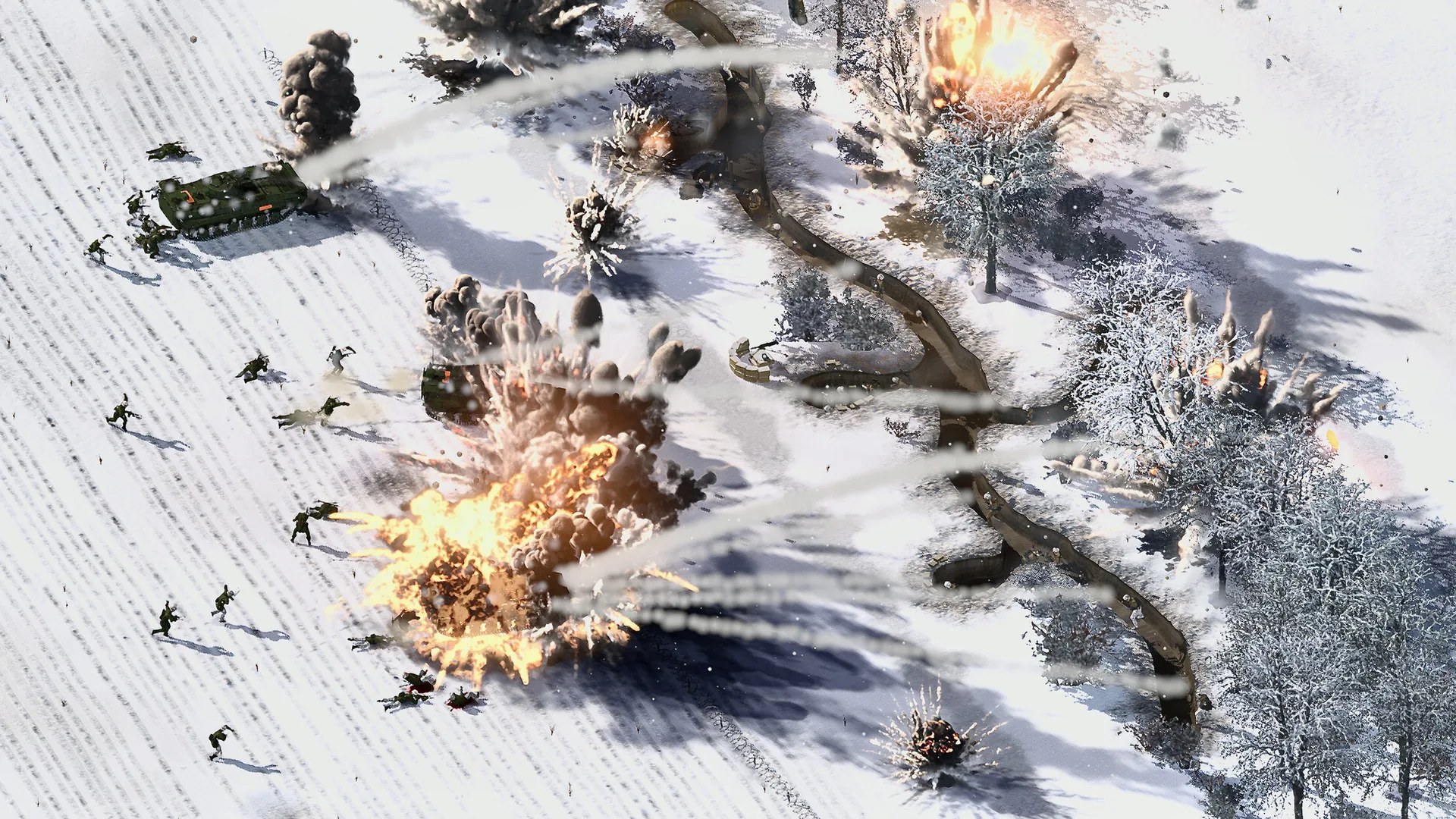 A winter battle from above: shells bursting in a snowfield, infantry running beside a burning armoured carrier, and a trench winding through the trees.
