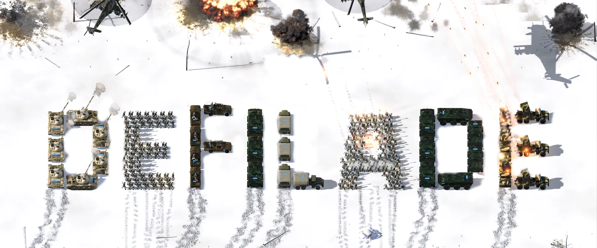 DEFILADE spelled out in the snow with the game's own tanks, trucks, rocket launchers and soldiers, with gunships over burning ground behind.