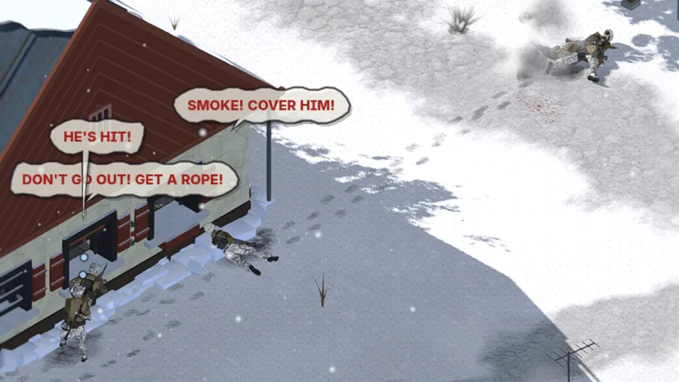 CPL Martin lies wounded in the snow of an open street while his squad shouts from cover against a house: he's hit, smoke, cover him, don't go out, get a rope.