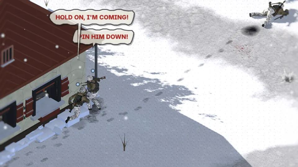 One soldier runs out across the street towards the casualty, shouting hold on, I'm coming, while another calls to pin the enemy down.