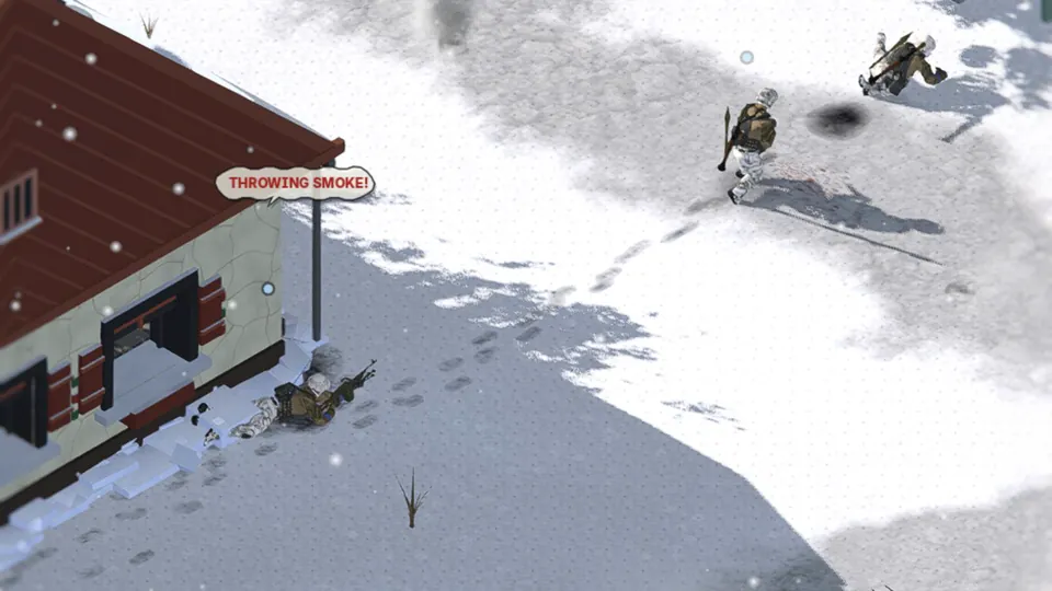 The rescuer reaches the wounded man in the open and a soldier at the house calls out that he's throwing smoke.
