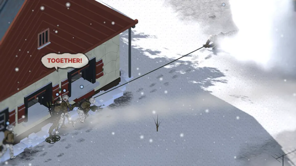 Behind a drifting smoke screen, soldiers at the corner of the house haul on a rope stretched out to the wounded man, one of them shouting together.