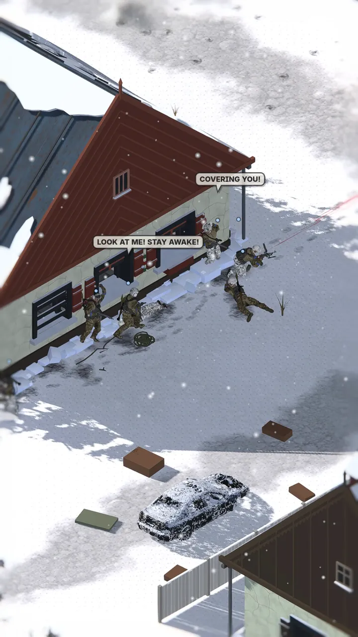 Soldiers crouched against a red-roofed house in the snow. One shouts covering you, another kneels over a wounded man and tells him to look at him and stay awake.