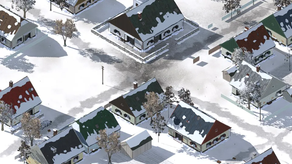 The snow town from above: houses with snow on their roofs, gardens, fences and a smoking crossroads.